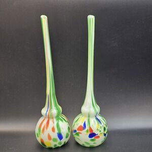 Pair of Vintage Art Glass Vases with Multicolored Design Confetti Splatter 1970s